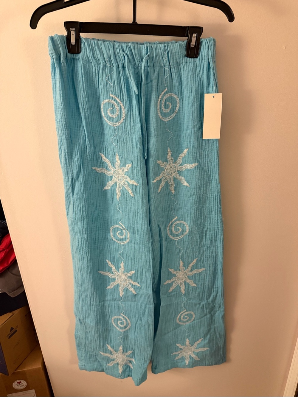 Women’s Just Living Guaze Cotton Light Blue Embroidered Drawstring Pants